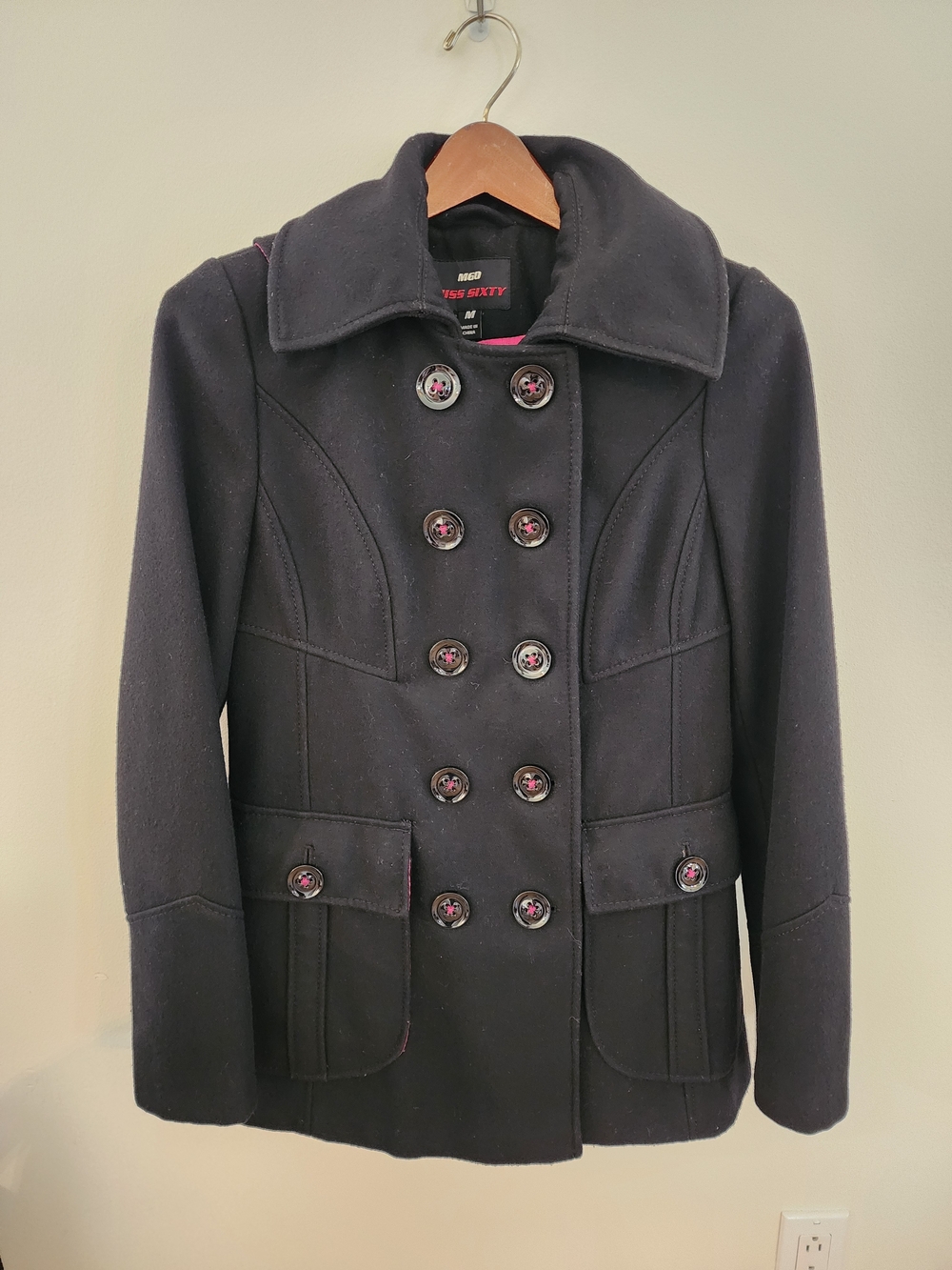 Miss Sixty Black Double-Breasted Pea Coat with Pink Accents